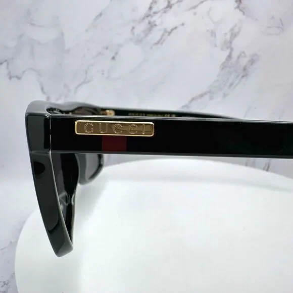 New GUCCI Sunglasses Black Square Aviator Gold Plate Engraved Logo Web Arm GUCCI